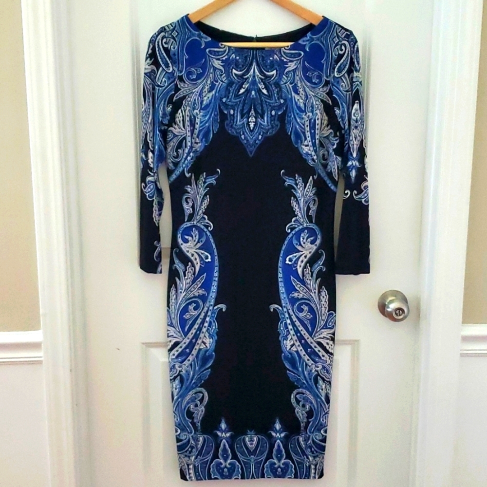 Cache Black Dress with Blue Paisley Design